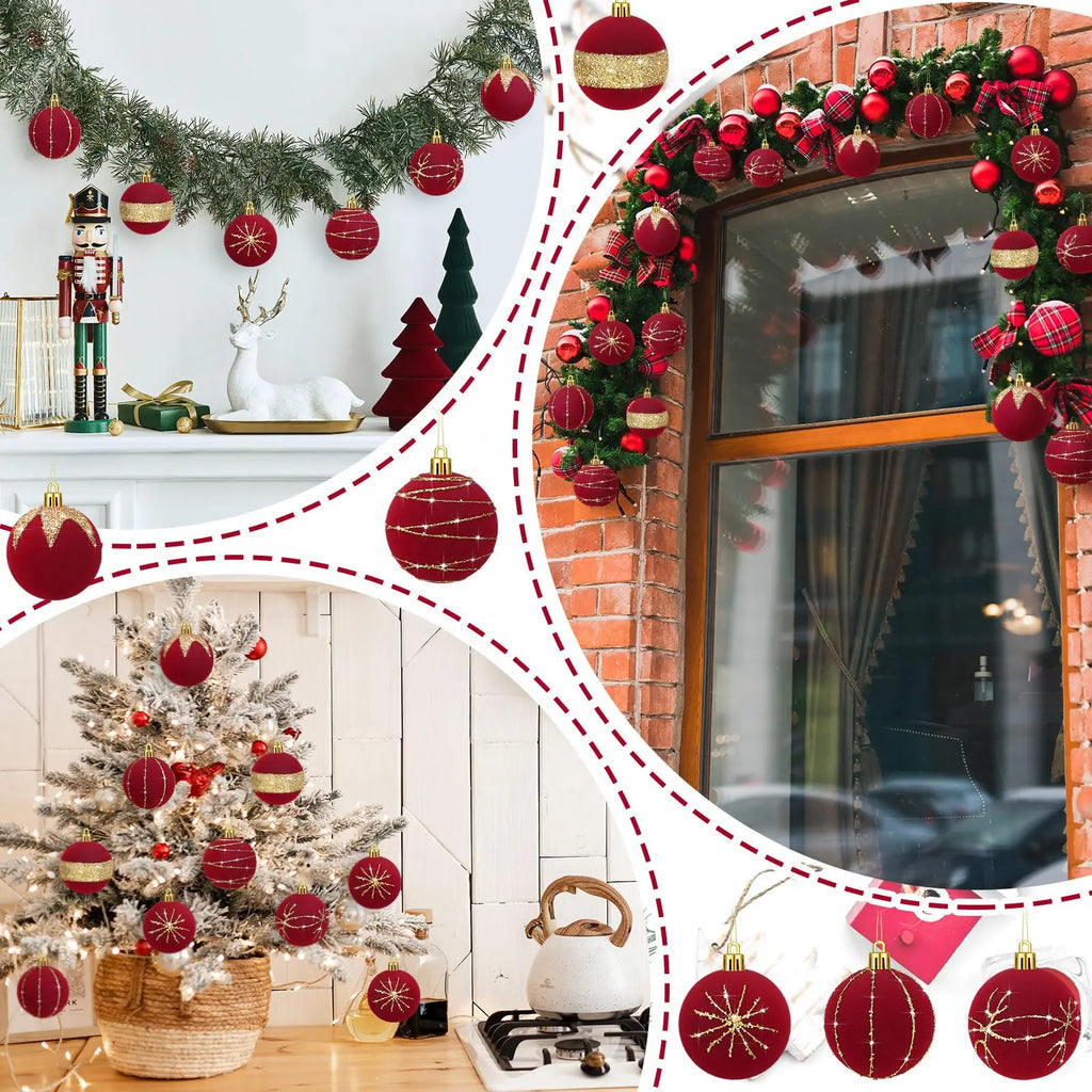 Decorative Christmas scene with wreaths, tree, and ornaments.