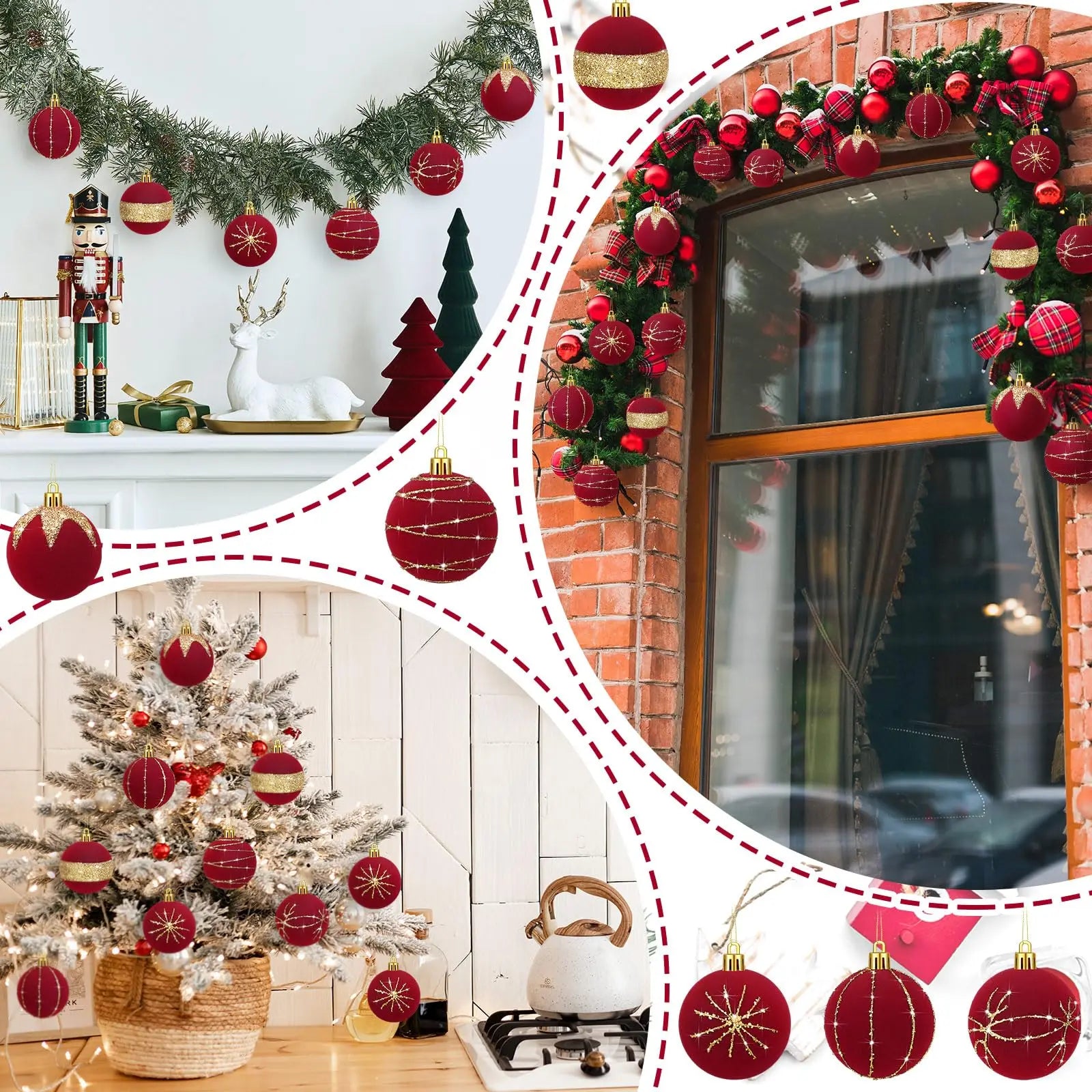 Decorative Christmas scene with wreaths, tree, and ornaments.