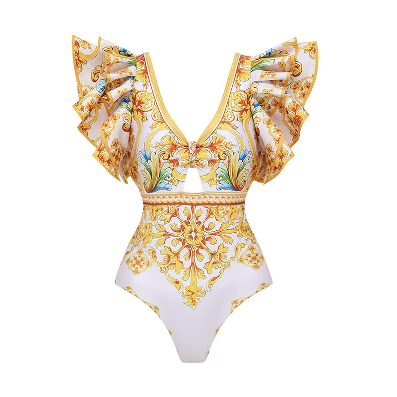 Ruffle V-Neck Swimsuit - Golden Majolica Print