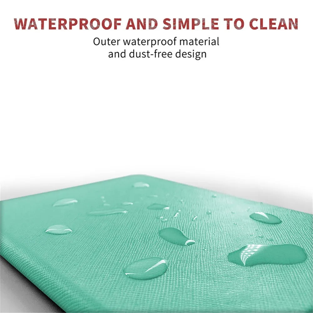 Teal mat with water droplets demonstrating waterproof material on a white background