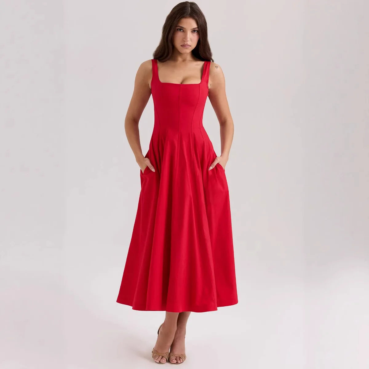 Lace-Up Midi Dress - Cottagecore Style