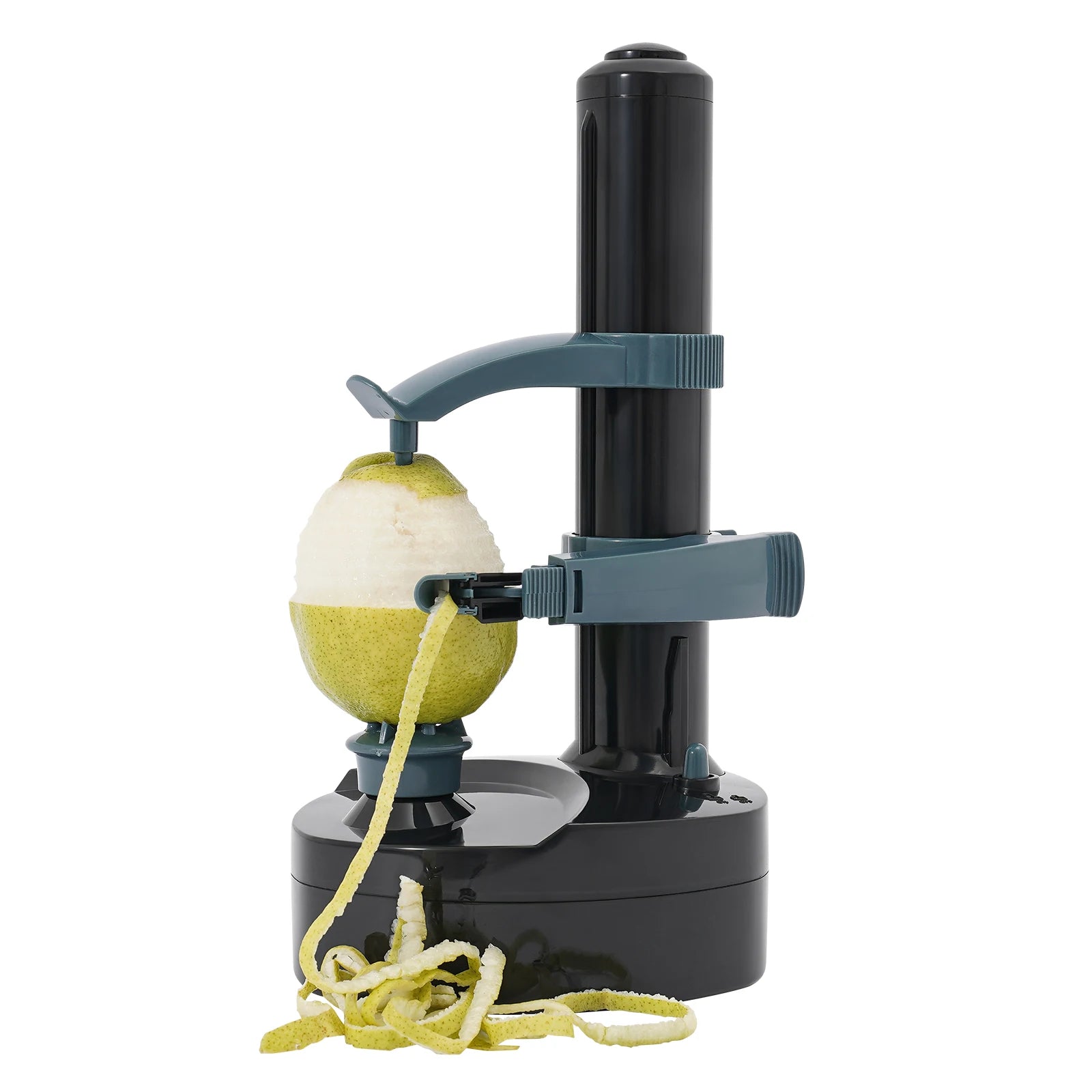 Apple peeler with a green apple being peeled on a white background