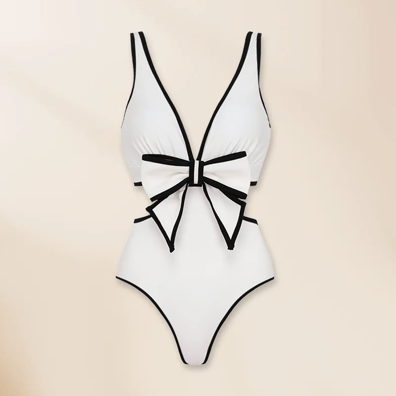 3D Bow-Tie Decor Swimsuit - Black and White Beachwear