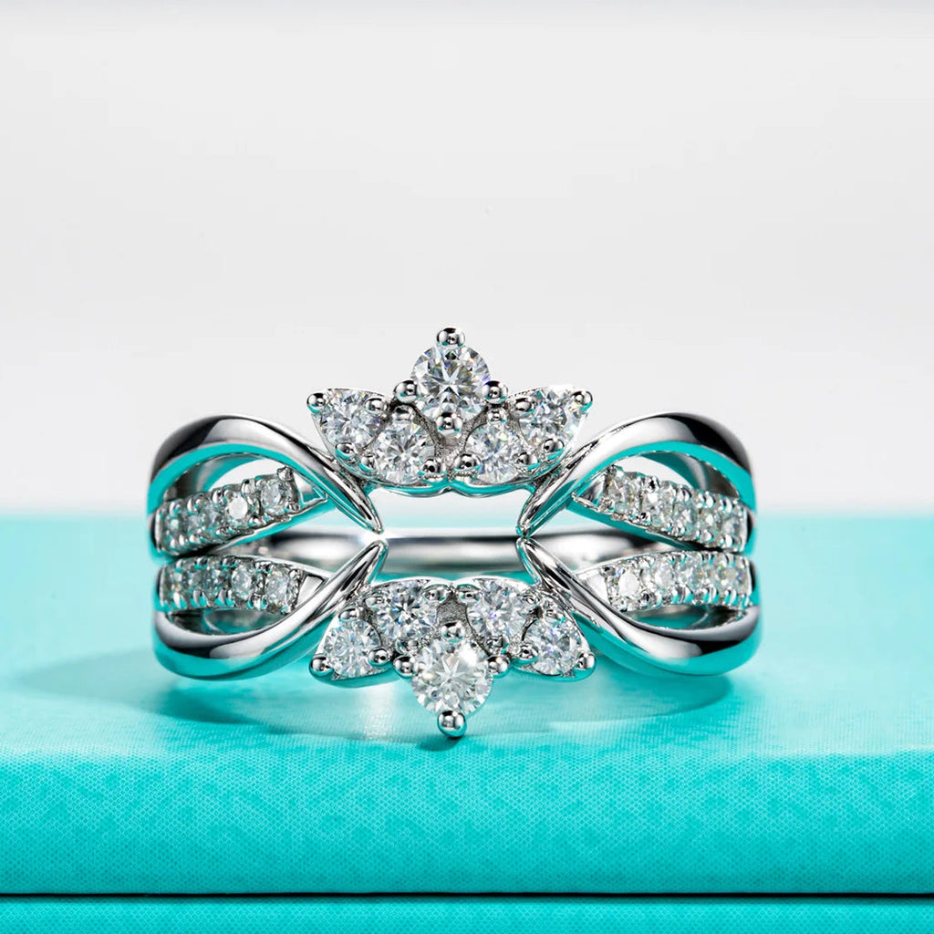 D Color Moissanite Crown Wedding Band Set - 925 Sterling Silver Bridal Ring Set