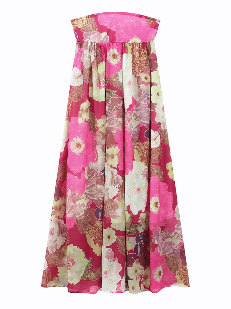 Flower Print Strapless Pleated Maxi Dress
