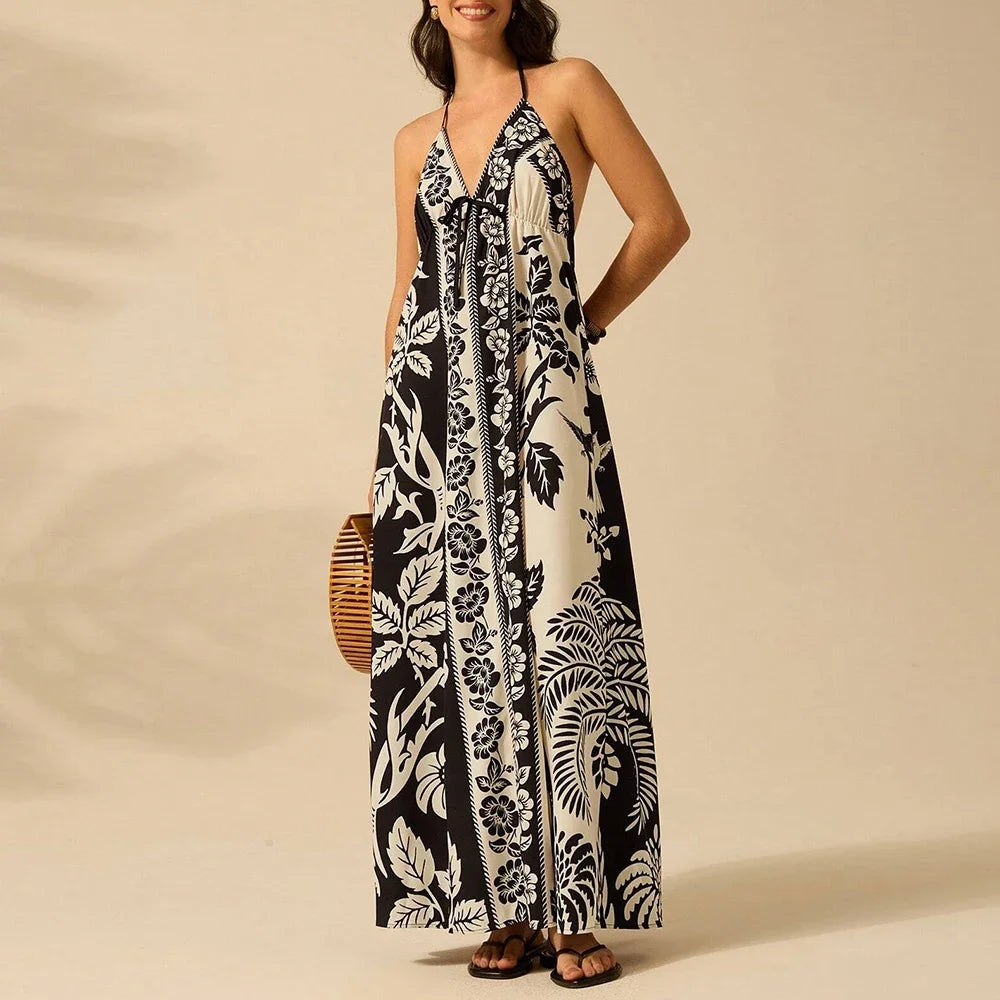 Graphic Print Halter Maxi Dress - Lace-Up Back Dress