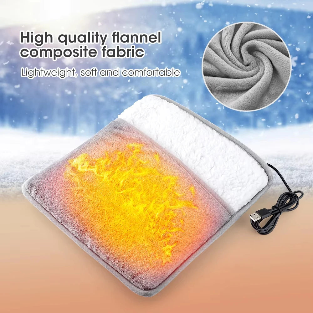 Heating pad with USB cable on a snowy background, highlighting high-quality flannel composite fabric.