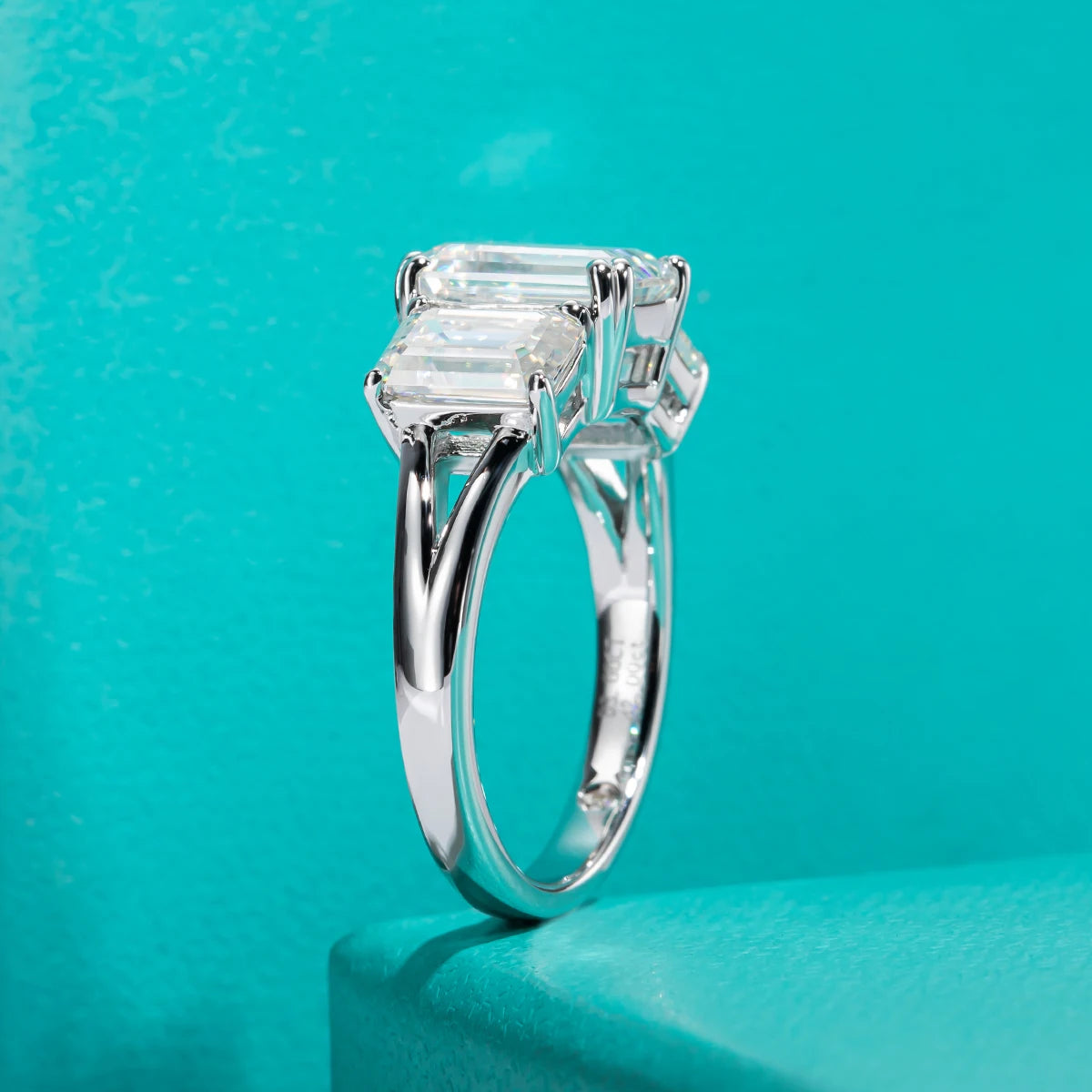 5ct Emerald Cut D-Color Moissanite Three Stone Engagement Ring - 925 Sterling Silver