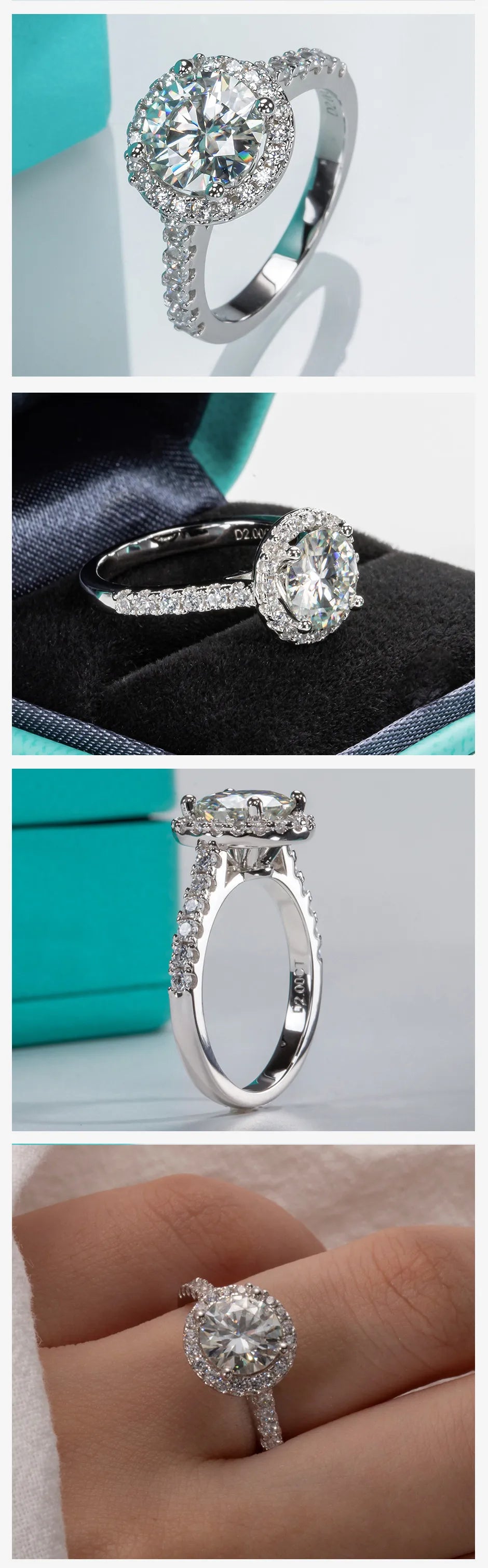 2ct D-Color Moissanite Halo Engagement Ring - 925 Sterling Silver