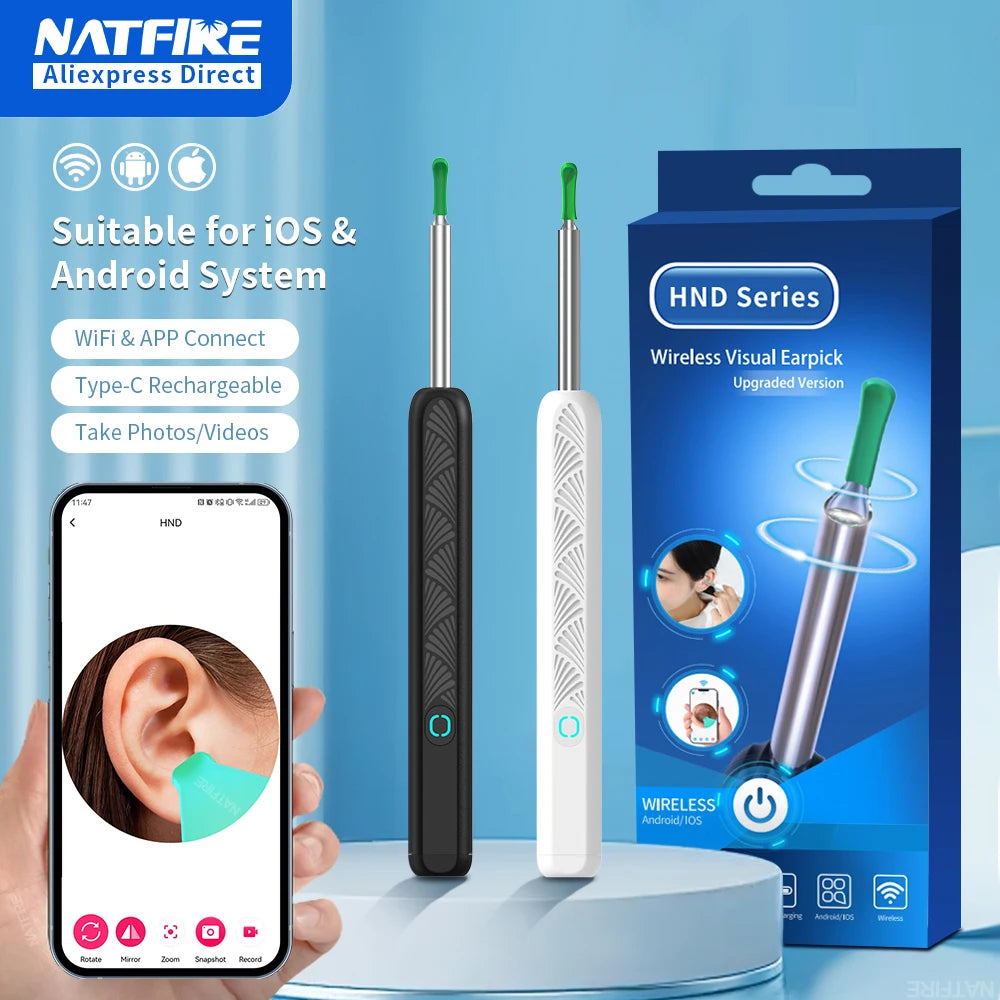 Wireless visual earpick with smartphone app, packaging, and product on a blue background