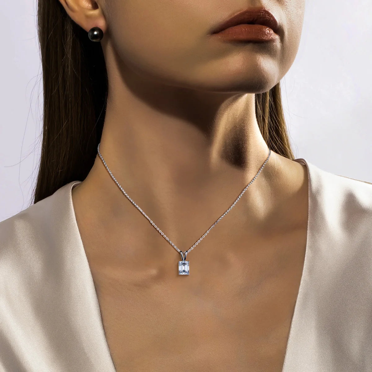 Emerald Cut Moissanite Pendant Necklace - 925 Sterling Silver D Color