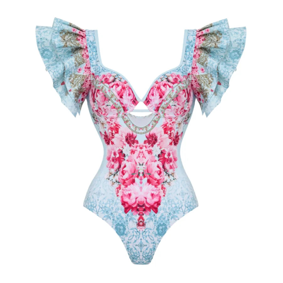 Lemon Floral Print Swimsuit - Ruffle Cutout Beachwear