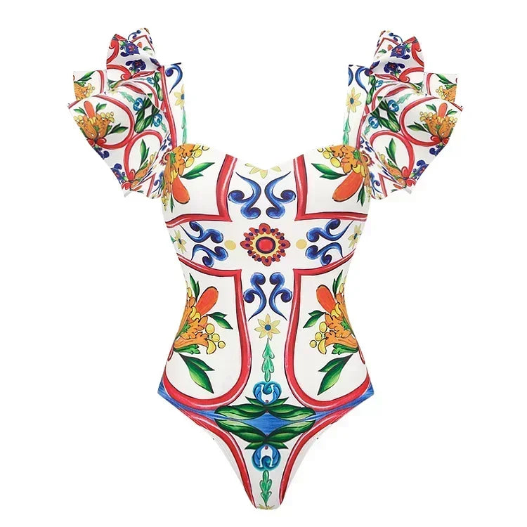 Ruffle Shoulder Print Swimsuit - Elegant Beachwear