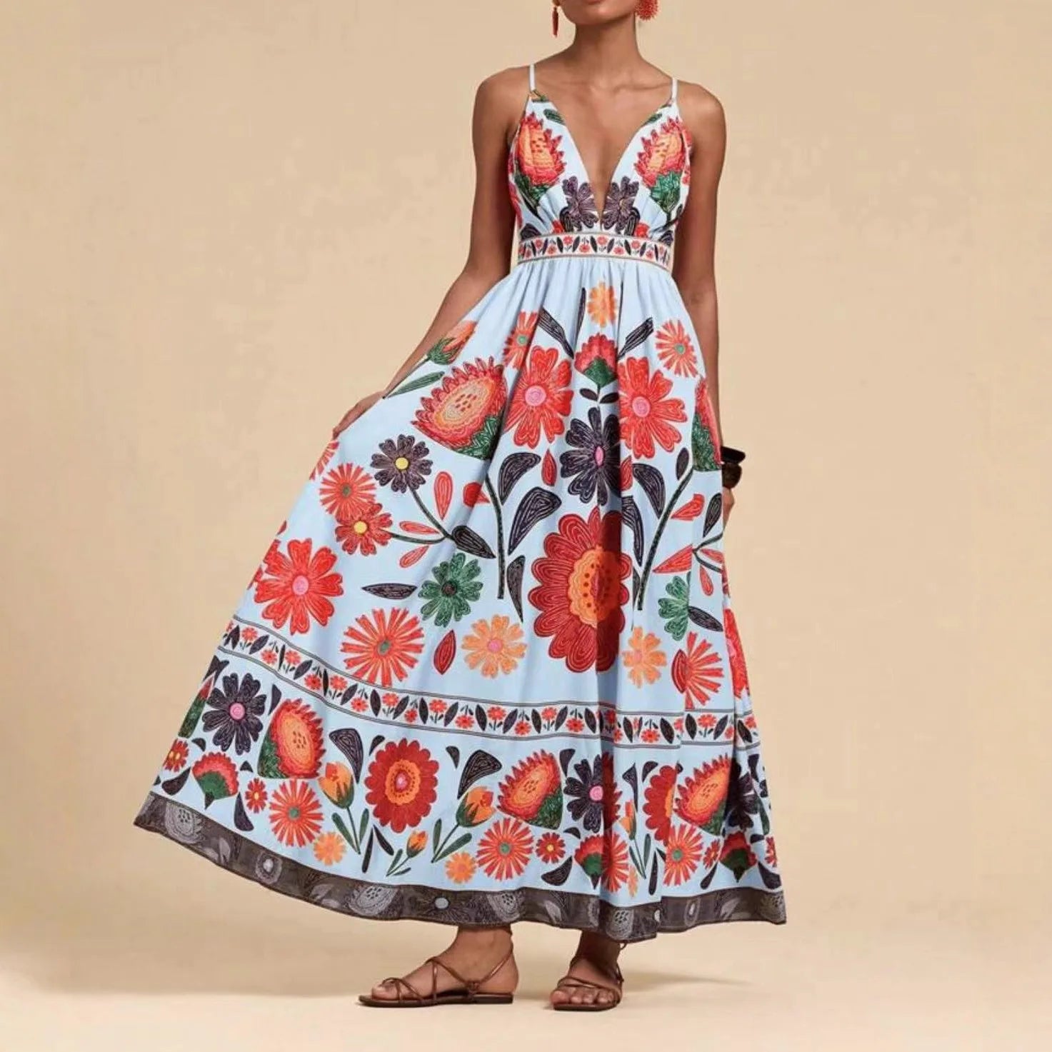 Printed Halter Maxi Dress Set - Bold V-Neck Summer Dress