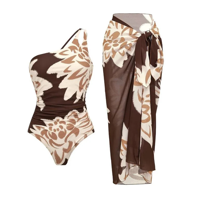 One Shoulder Swimsuit - Vintage Print Beachwear