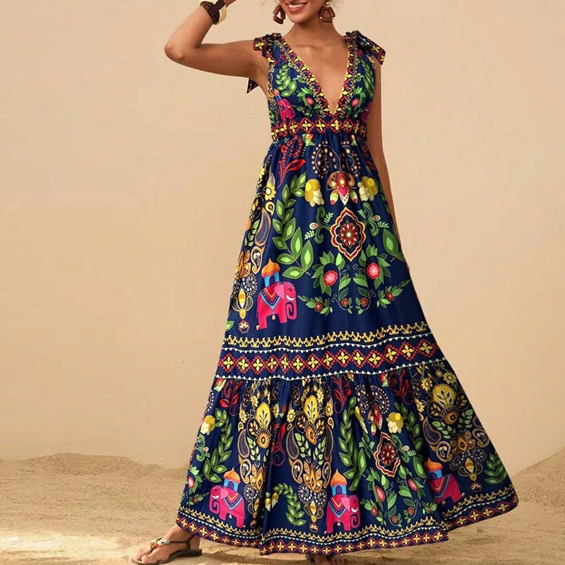 Floral Print Off-Shoulder Maxi Dress - Pleated Sleeveless V-Neck