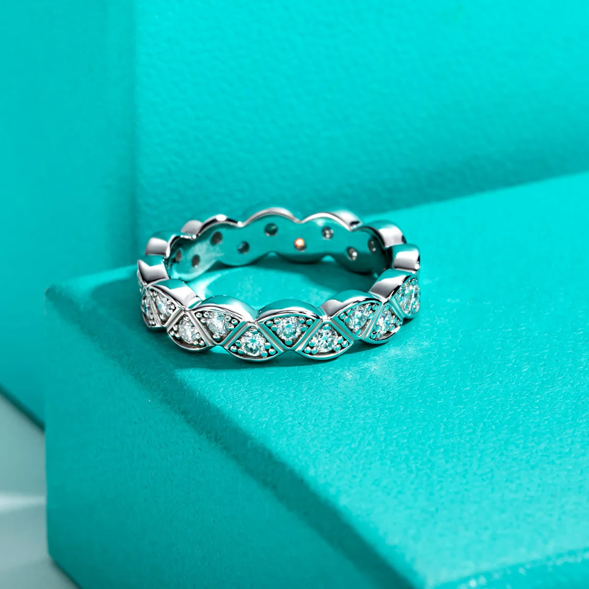 D Color Moissanite Leaf Eternity Band - 925 Sterling Silver Bezel Set Wedding Ring