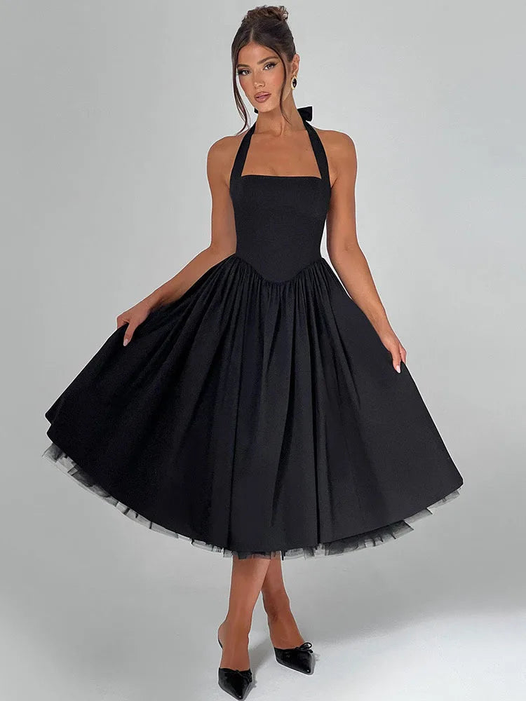 Halter Neck Backless A-Line Midi Dress - Cottagecore Style