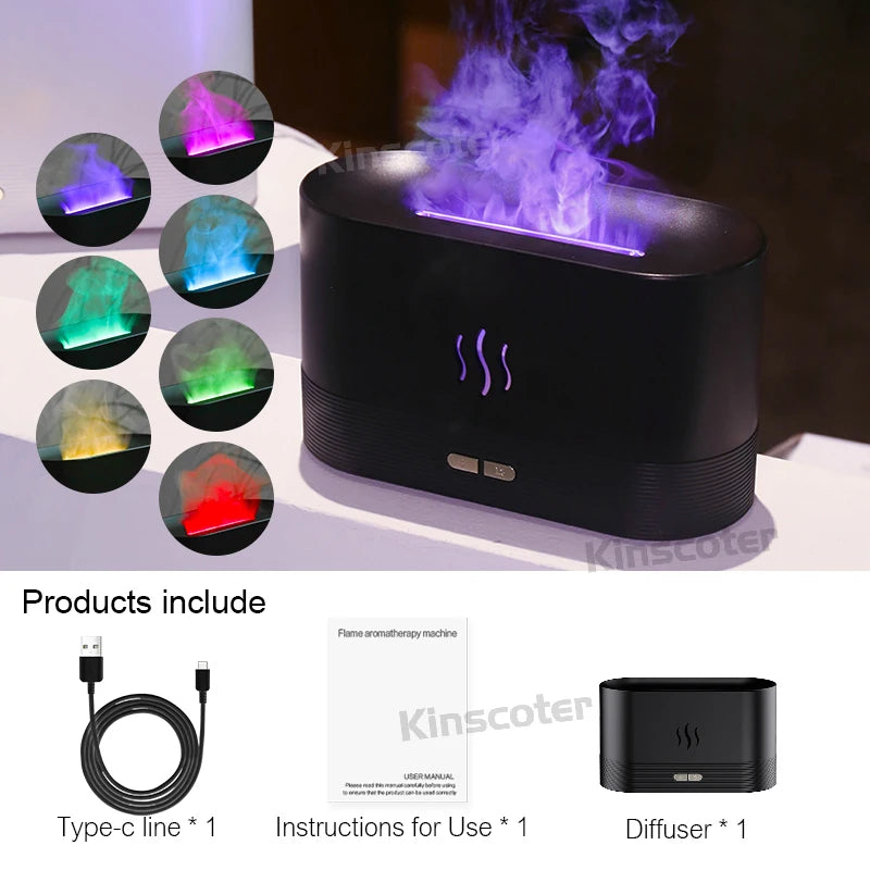 Black flameless candle with colorful flames and included accessories on a white surface.
