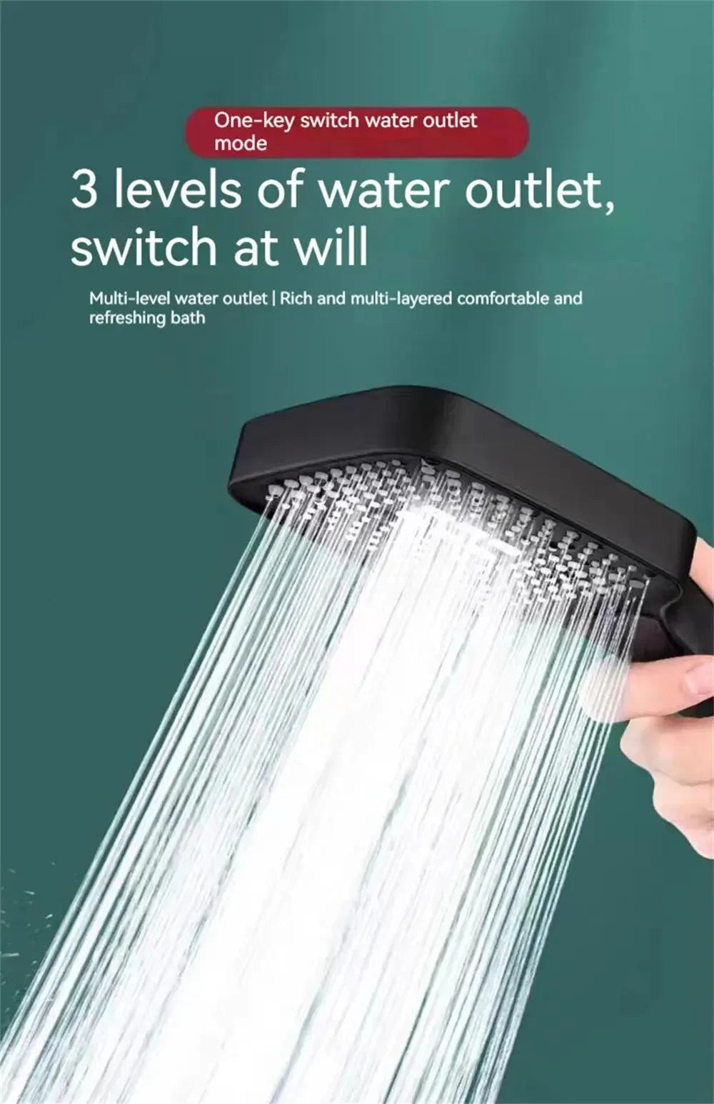 Shower head with water flowing against a green background, featuring text about water outlet modes.