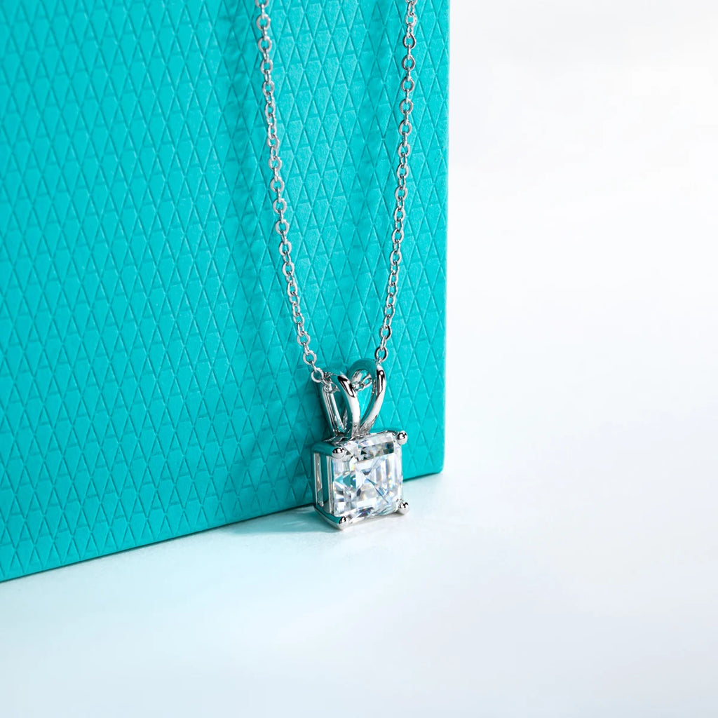 Asscher Cut Moissanite Pendant Necklace - 925 Sterling Silver D Color