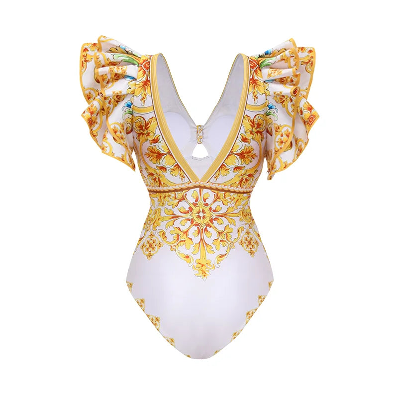 Ruffle V-Neck Swimsuit - Golden Majolica Print