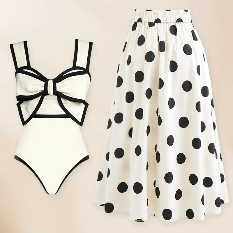 3D Bow-Tie Decor Swimsuit - Black and White Beachwear