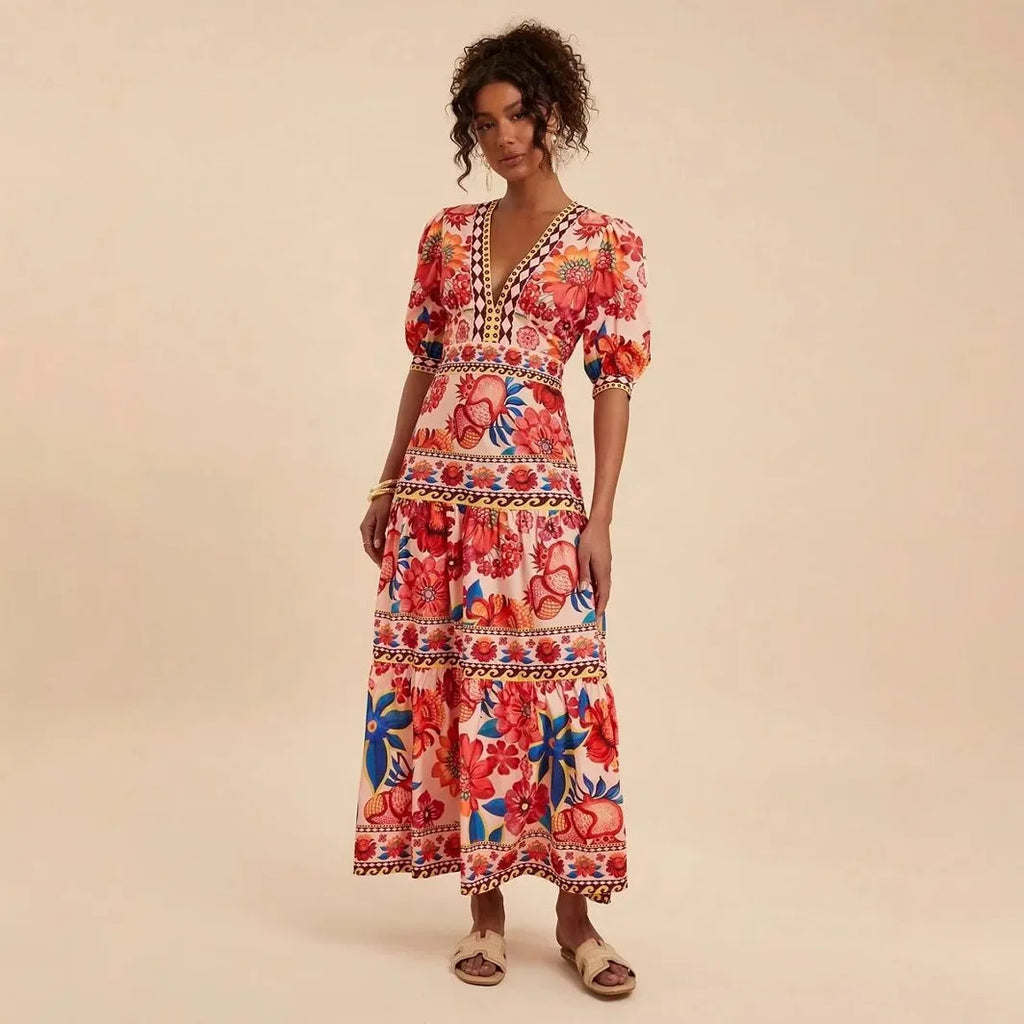 Floral Print Bubble Sleeve Maxi Dress - V-Neck Summer Dress