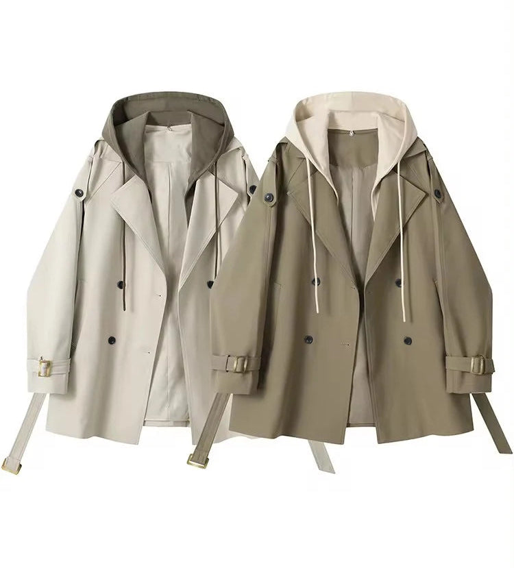 Two trench coats in beige and gray on a white background