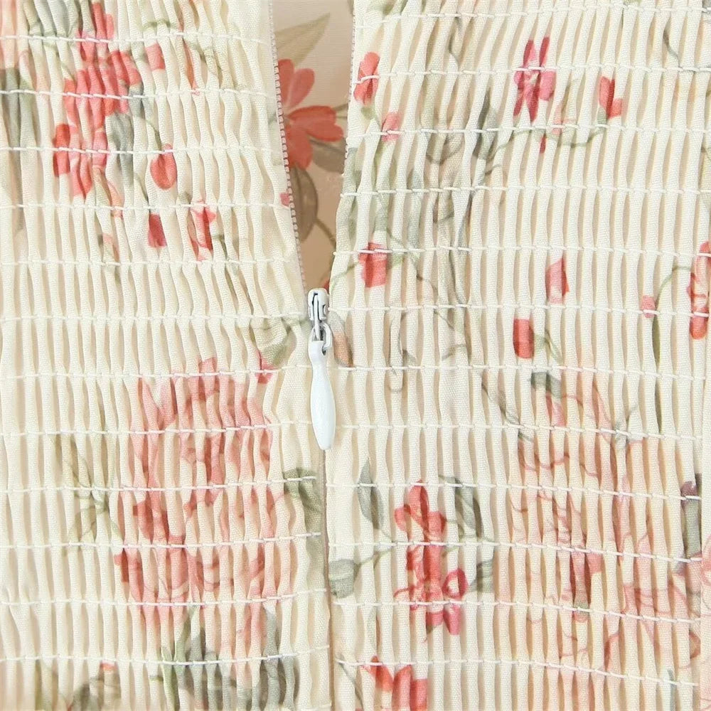 Printed Belted Lace-Up Midi Dress - Cottagecore Style