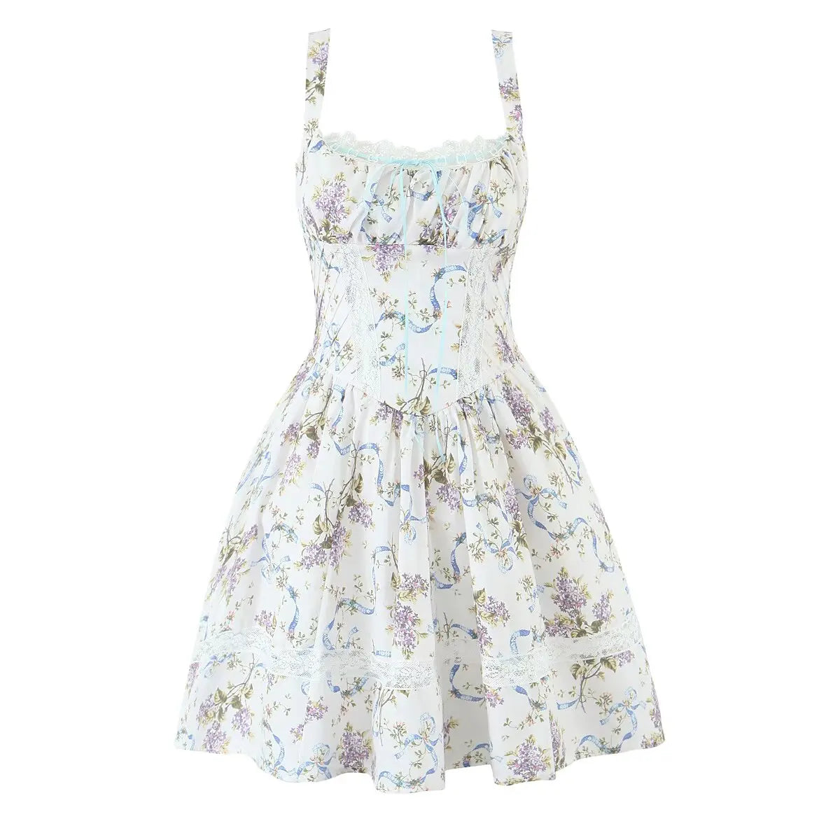 French Style Floral Print Lace Dress - Cottagecore Style