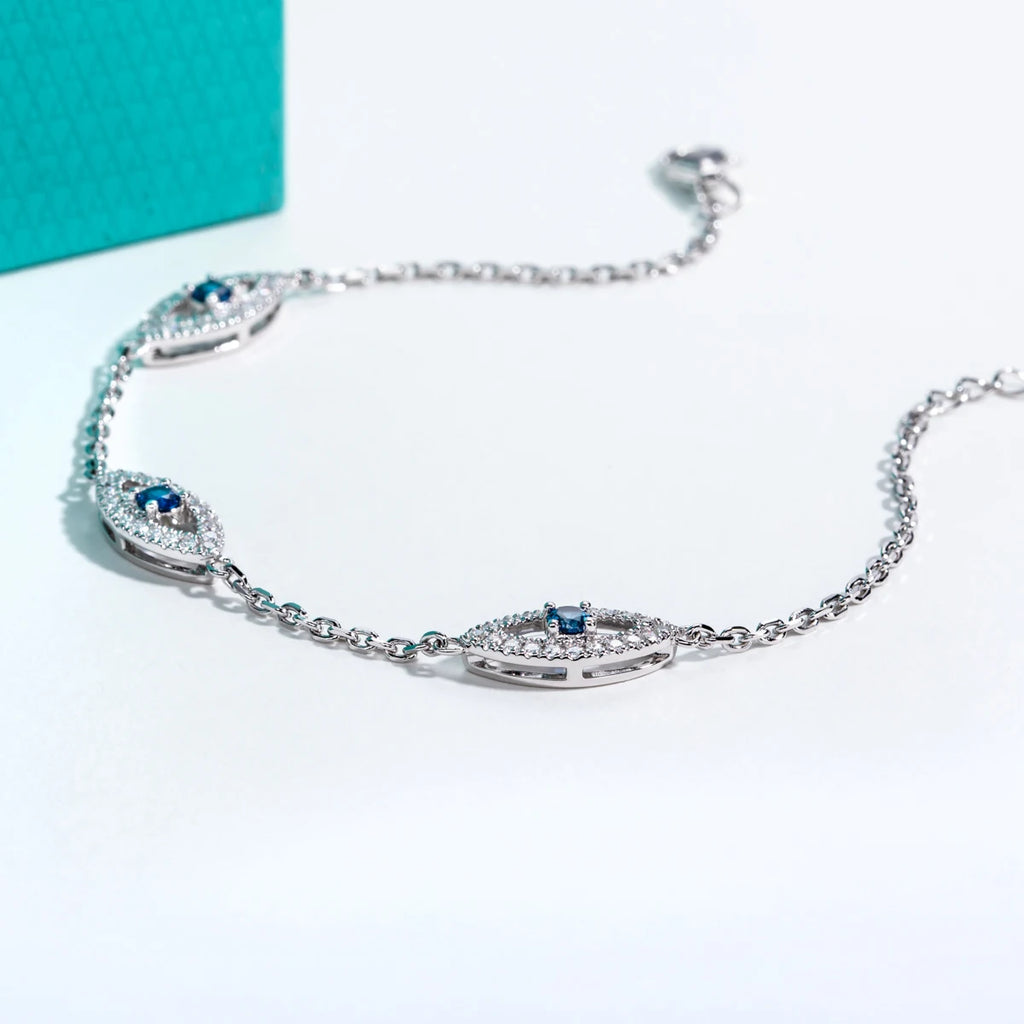 Moissanite Evil Eye Bracelet - 925 Sterling Silver Adjustable