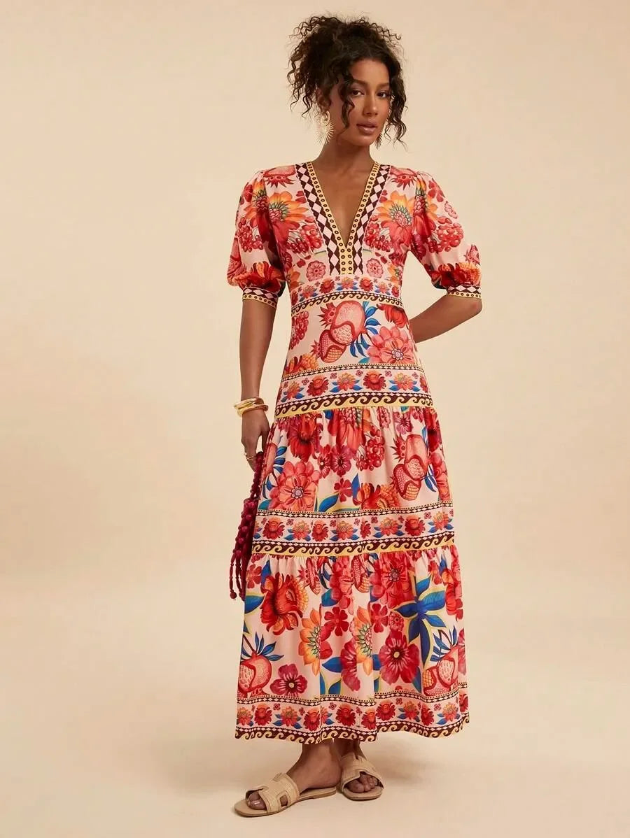 Floral Print Bubble Sleeve Maxi Dress - V-Neck Summer Dress