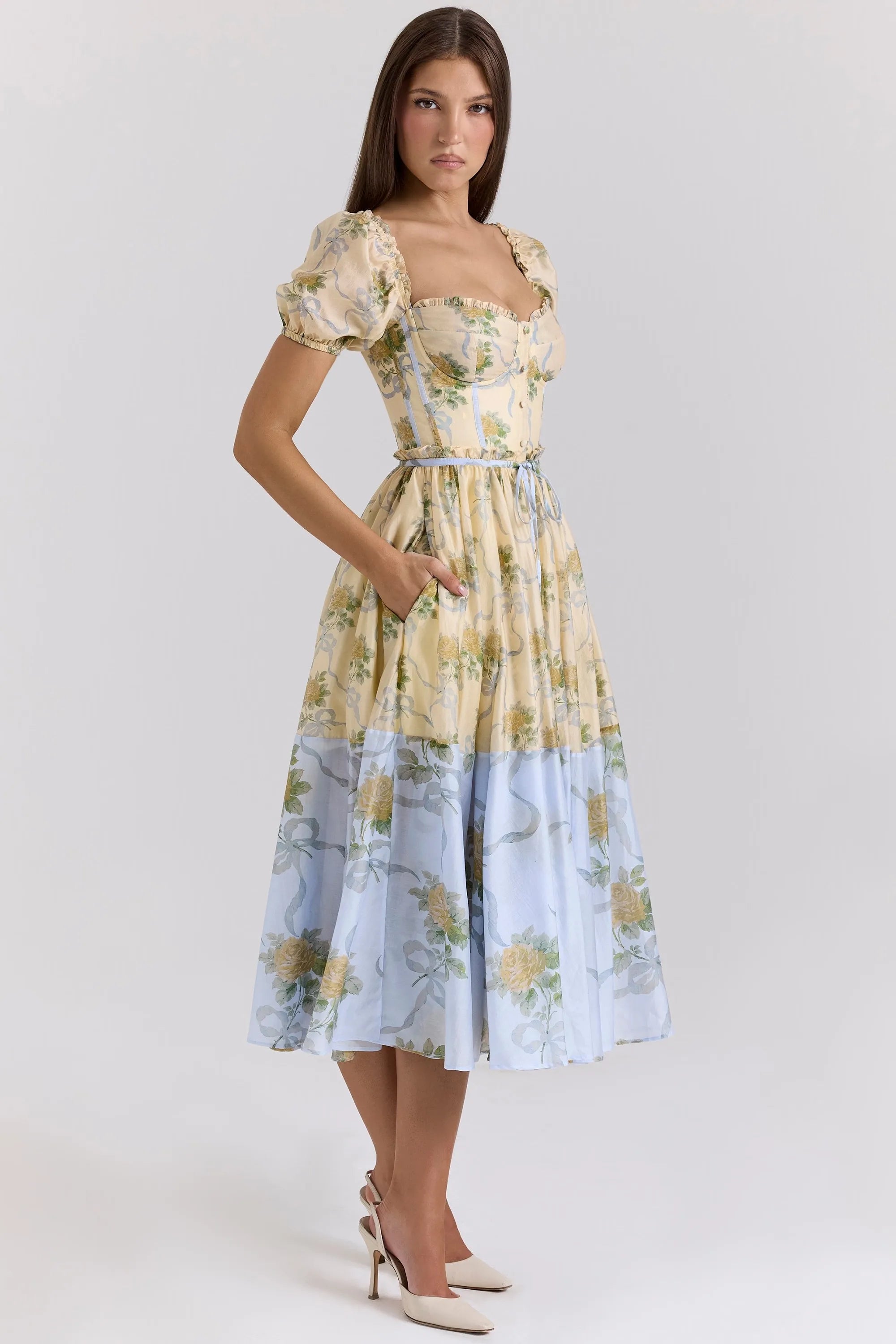 Floral Print Puff Sleeve Midi Dress - High Waist - Cottagecore Style