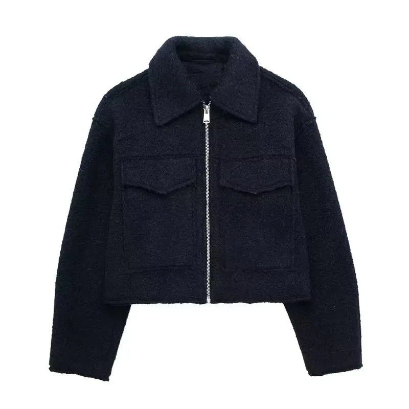 Dark blue jacket with a zipper on a white background