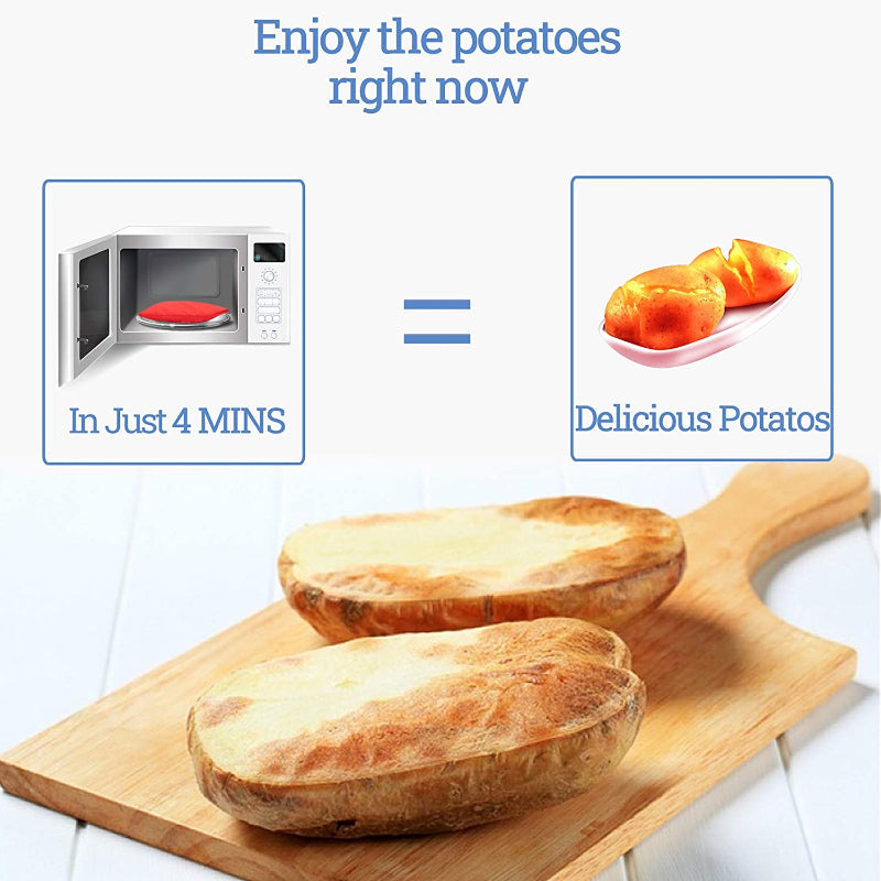 Two baked potatoes on a wooden cutting board with a microwave and steamed potatoes in the background.