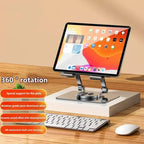 Tablet on a stand with keyboard and mouse on a wooden surface, featuring 360-degree rotation capabilities.