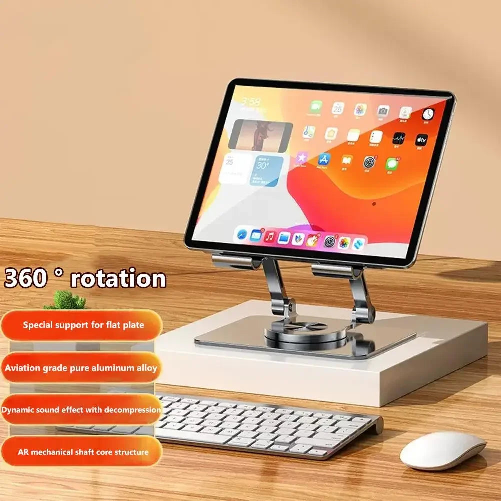 Tablet on a stand with keyboard and mouse on a wooden surface, featuring 360-degree rotation capabilities.