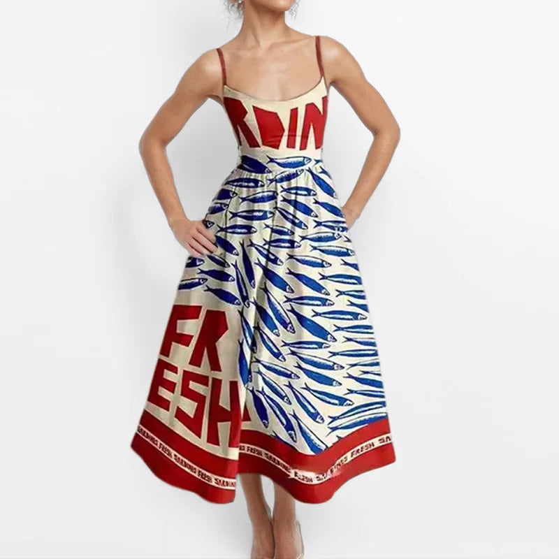 Dress with fish pattern and 'FRESH' text on a white background