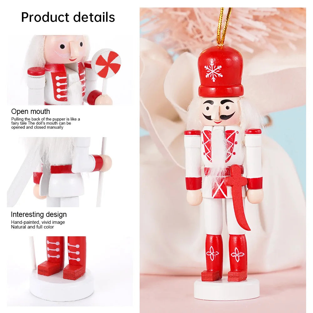 Decorative nutcracker ornament with red and white attire on a plain background