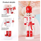 Decorative nutcracker ornament with red and white attire on a plain background