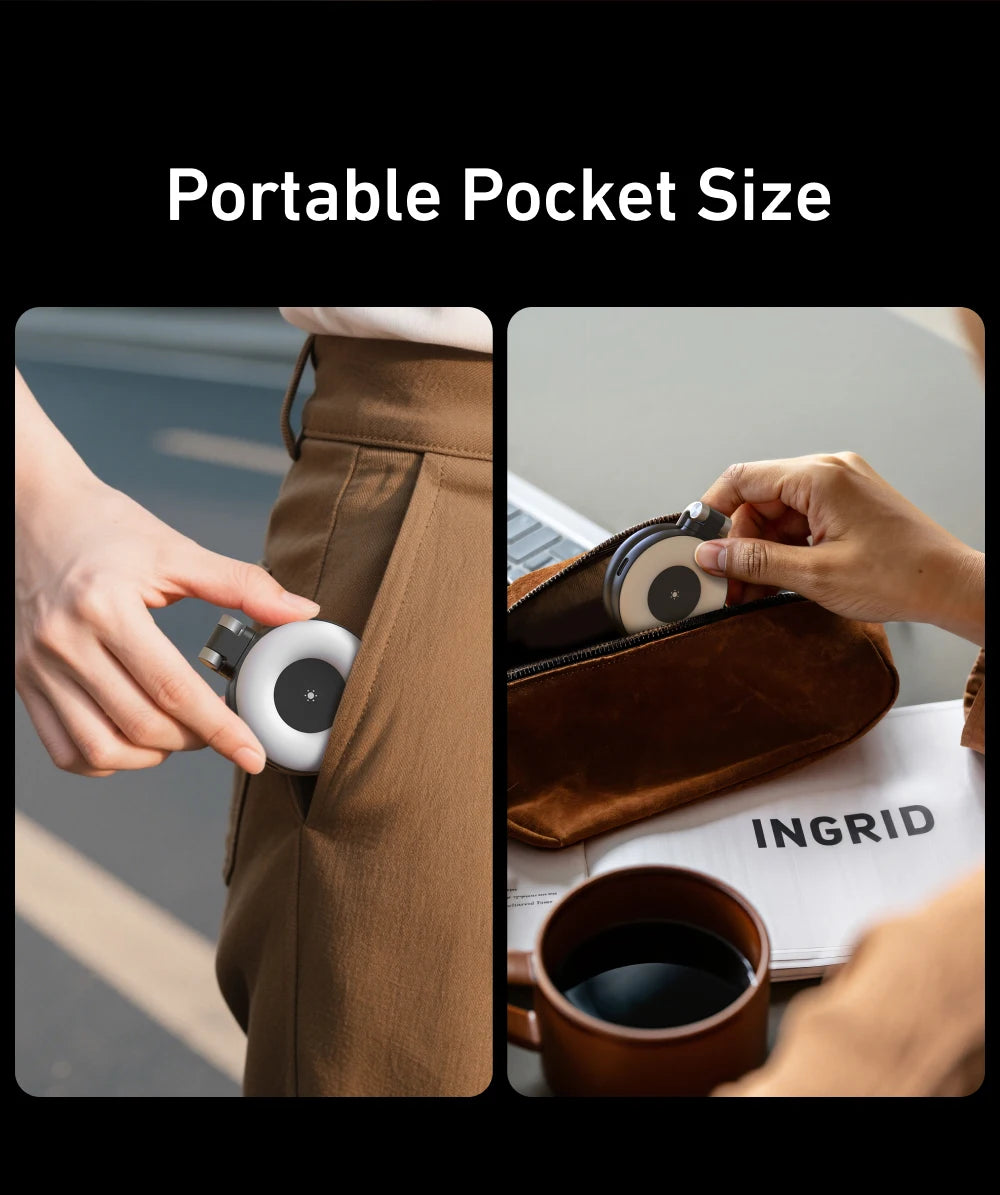 Small device being placed in a pocket and a hand reaching into a bag with the device.