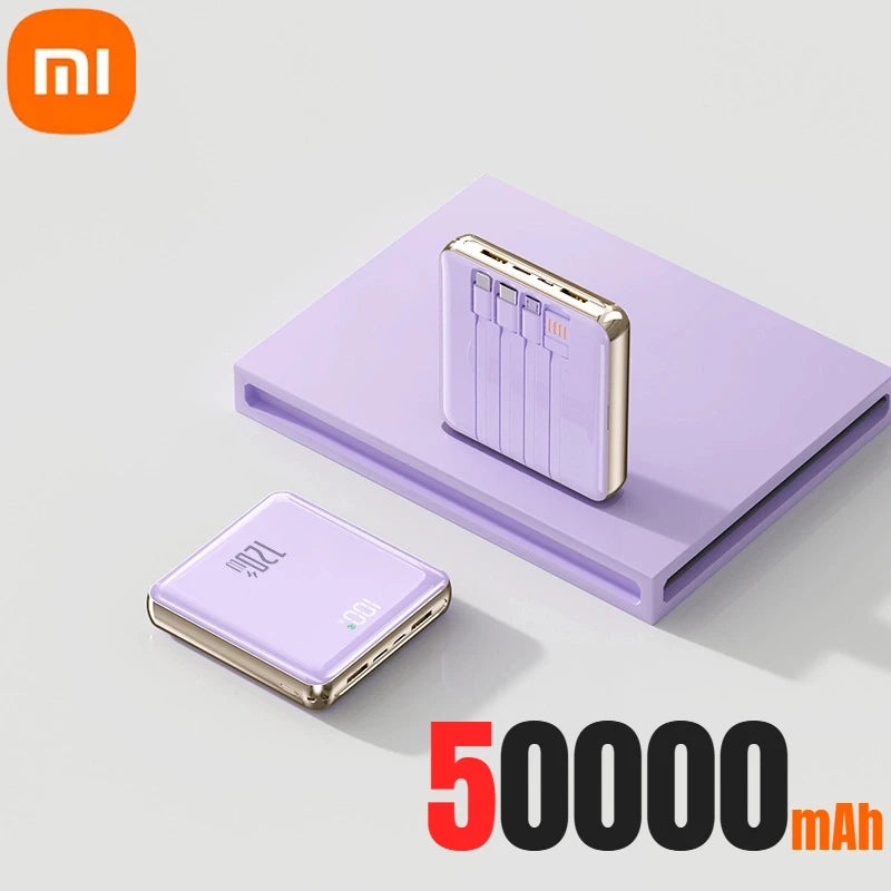 Purple power bank with gold accents and Xiaomi logo, featuring 50000mAh capacity on a light gray background.