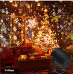 Decorated room with Christmas tree, lights, and snowflakes in a cottage setting.