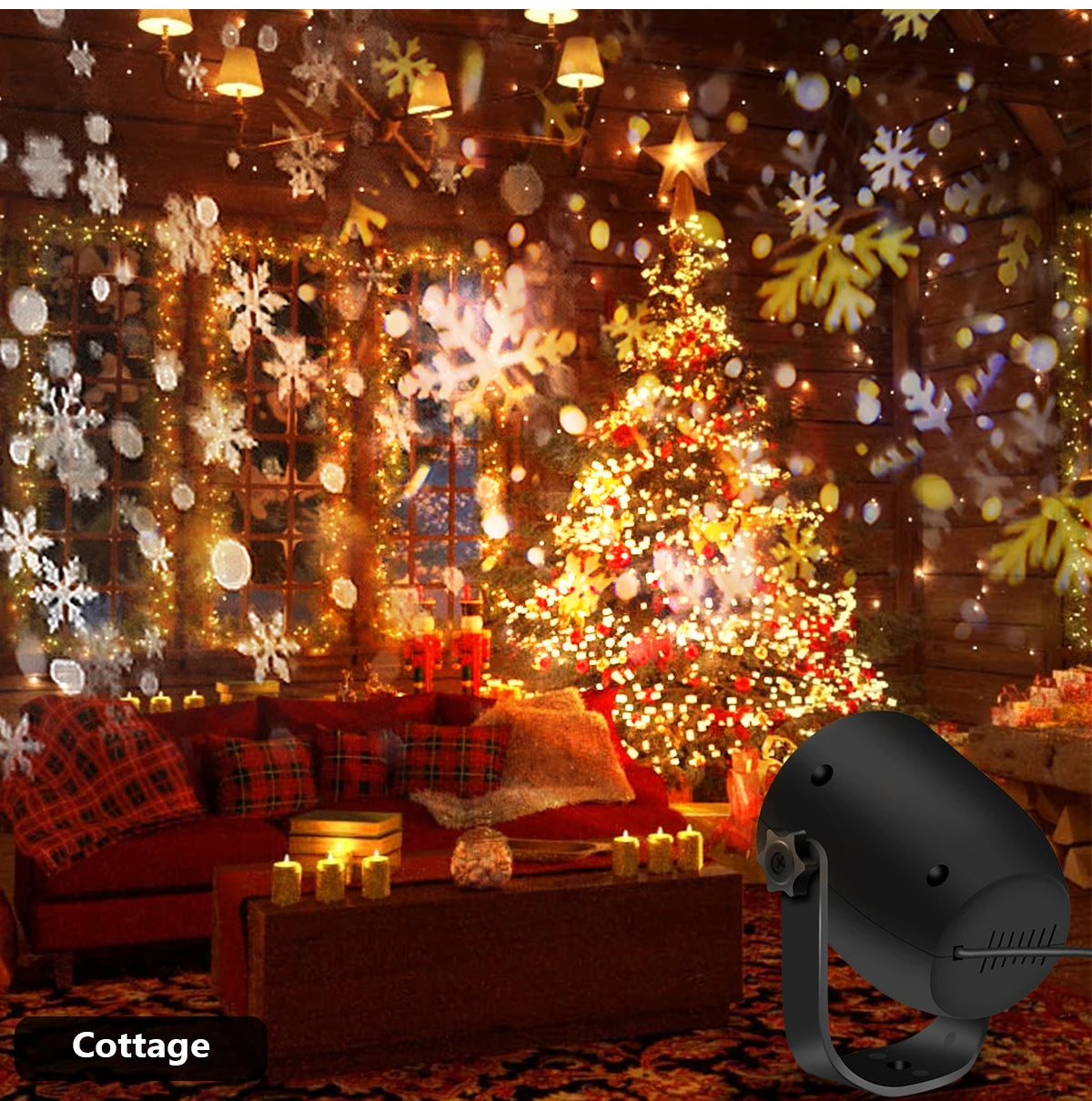 Decorated room with Christmas tree, lights, and snowflakes in a cottage setting.