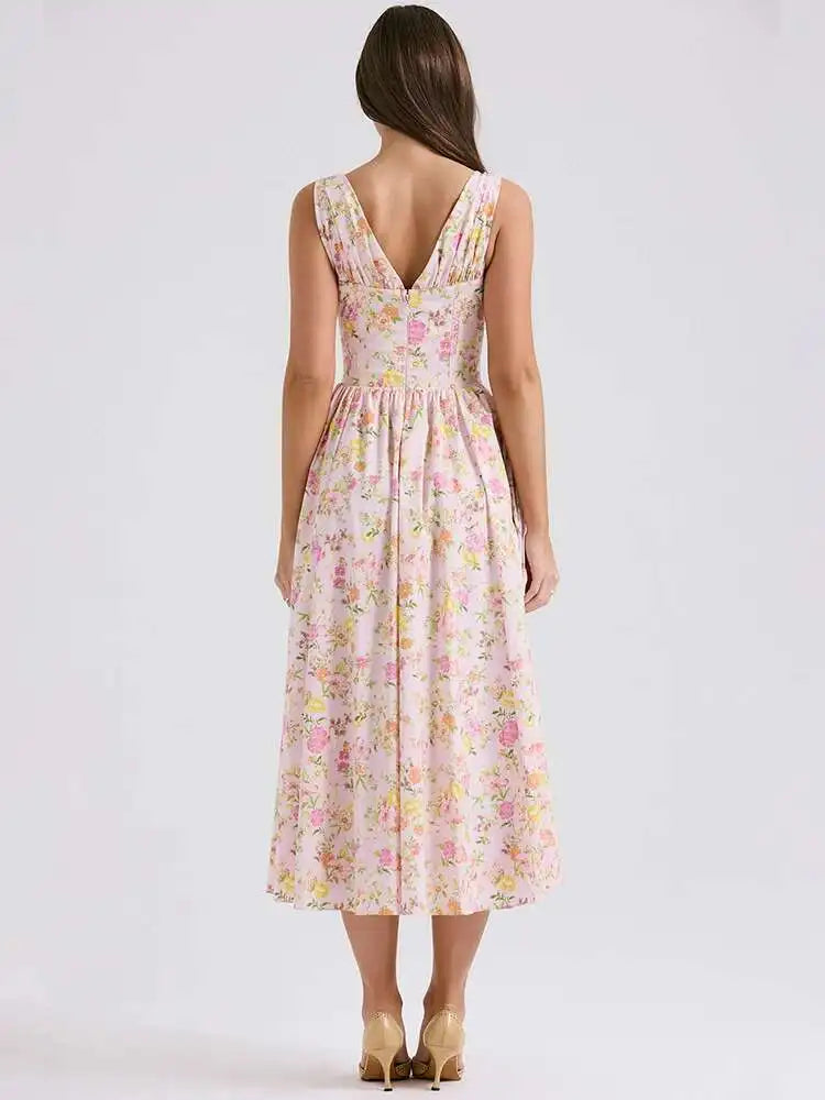Floral Print Wrap Midi Dress - Spaghetti Strap A-Line - Cottagecore Style
