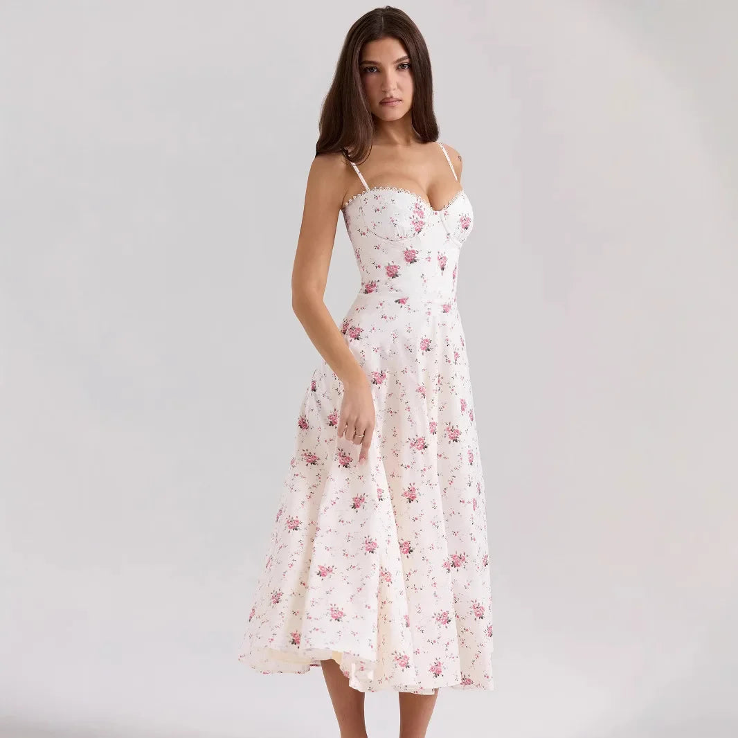 Embroidered Midi Dress - V-Neck Sleeveless with Belt - Cottagecore Style