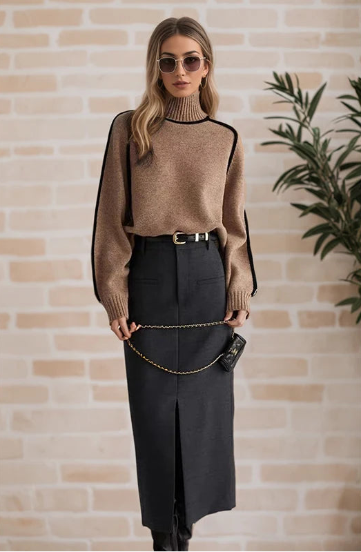 Woman wearing a brown sweater and black skirt against a brick wall.