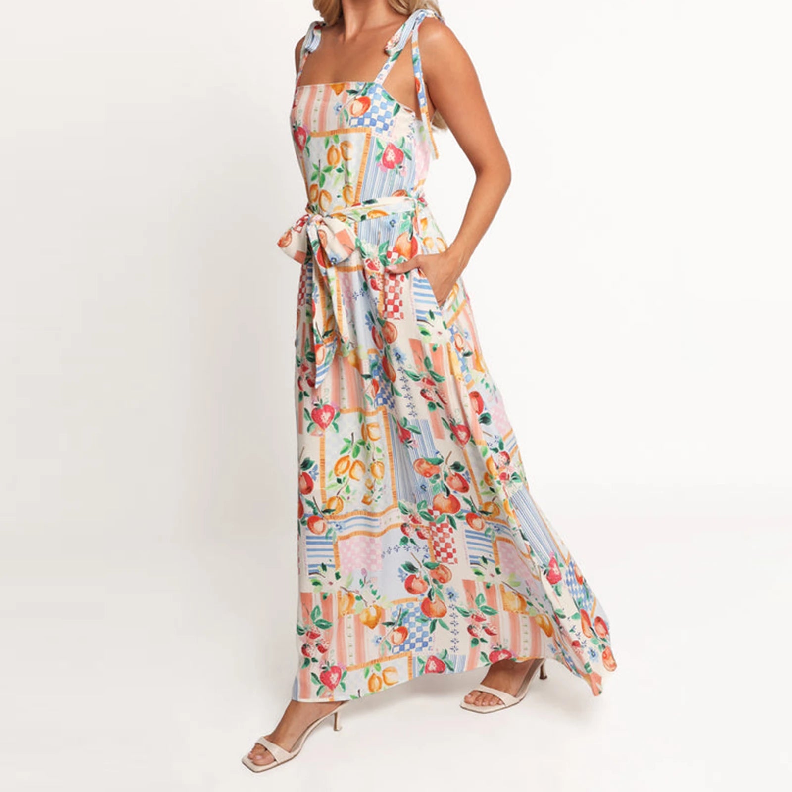 Floral Print Maxi Dress with Belt - Backless Spaghetti Strap Summer Dress