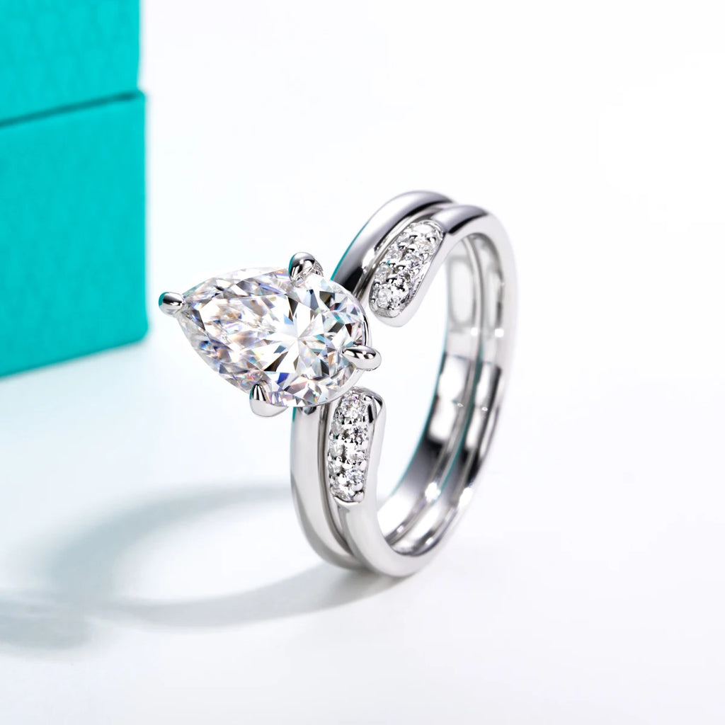 3ct Pear Moissanite Bridal Ring Set - 925 Sterling Silver